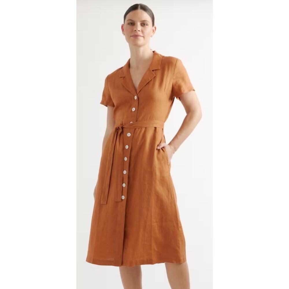 Quince 100% European Linen Button Front Dress Terracotta Women's XL